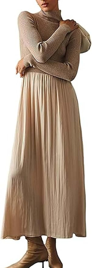 Lauweion Women's Turtleneck Sweater Maxi Dress Long Sleeve Slim Fit Ribbed Knit Pullover Jumper T... | Amazon (US)