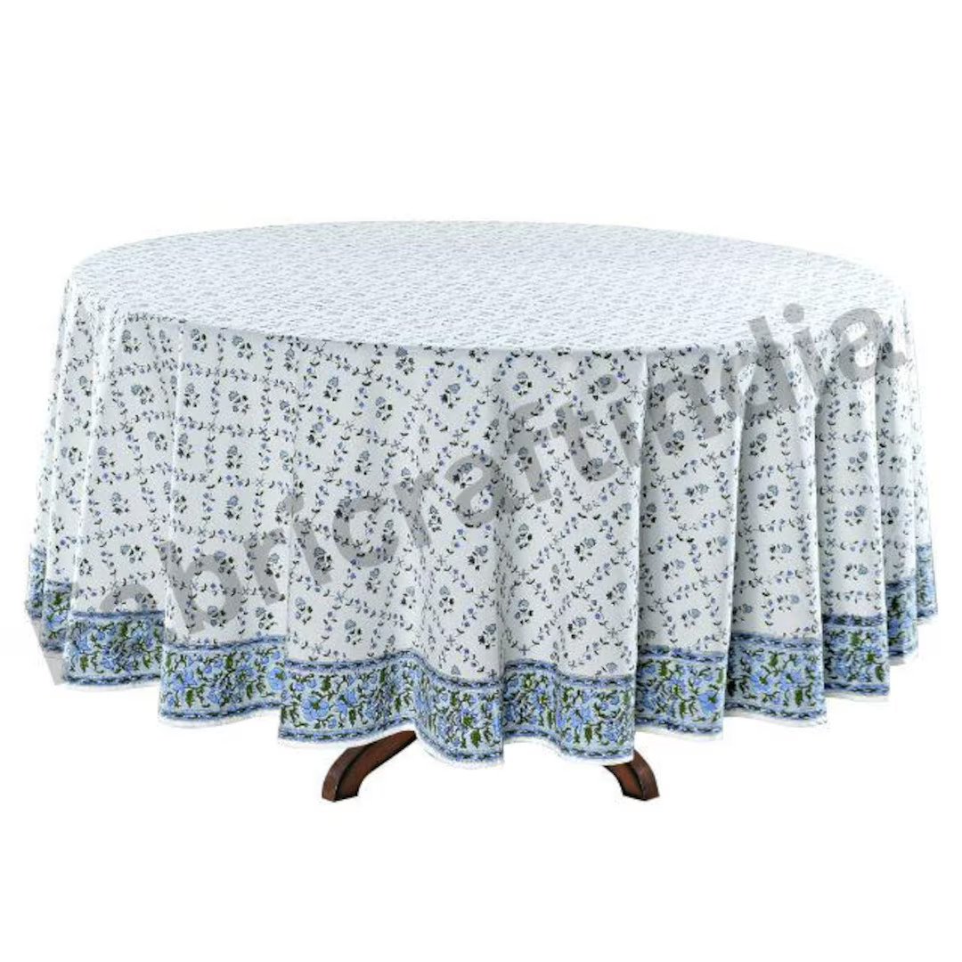 Round Tablecloth, Powder and Pigeon Blue, Green Indian Hand Block Floral Printed Table Cover, Vin... | Etsy (US)