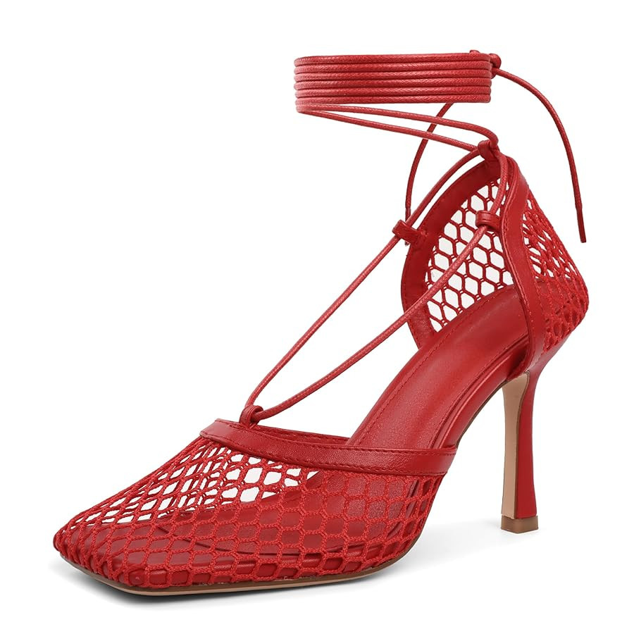 SAMMITOP Women's Square Toe Mesh Lace Up Strappy Sexy Heels Sandals Stiletto High Heel Closed Toe... | Amazon (US)