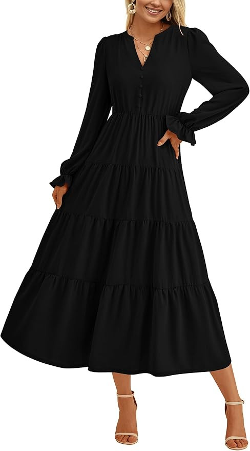 PRETTYGARDEN Women's Fall Maxi Dress Long Sleeve V Neck Tiered Ruffle Flowy A Line Cocktail Party... | Amazon (US)