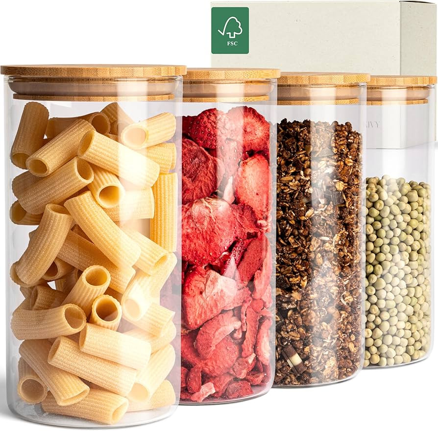 KIVY Set of Kitchen Storage Canisters [4 x 1200 ml] – Glass Jars with Sustainable Bamboo Lid ... | Amazon (ES)