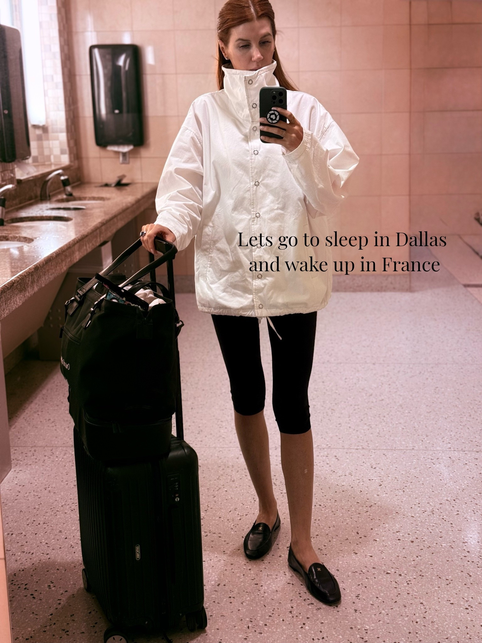 Comfy and chic for an overnight flight to France. 
This look is very on trend with the black capris and I have the matching top as well, which makes it all more versatile.
I usually wear this look with little black thong kitten heels but decided to be more practical today with my Celine loafers. Throw a heel in your bag for an instant upgrade when you land.

#LTKootd #LTKTravel #LTKTall