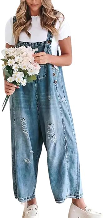 chouyatou Women Loose Adjustable Strap Denim Bib Overall Jeans Distressed Wide Leg Baggy Overalls... | Amazon (US)