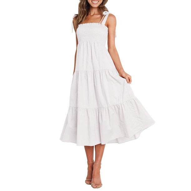 Women's Summer Casual Boho Spaghetti Strap Sleeveless Smocking Ruffle High-Low Beach Party Long M... | Walmart (US)