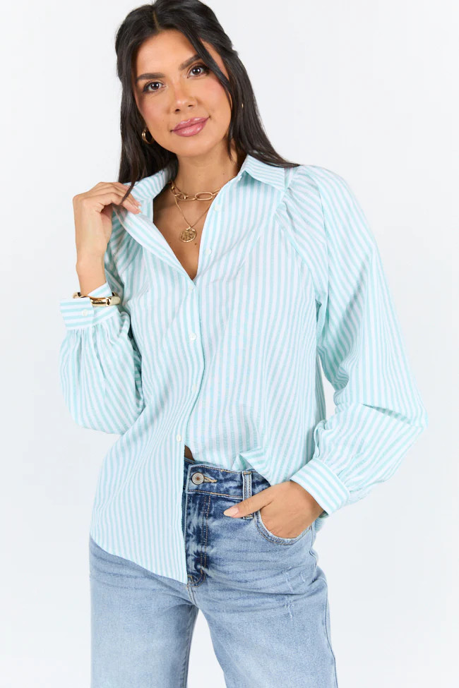 Here Lately Green Striped Button Down Top | Pink Lily
