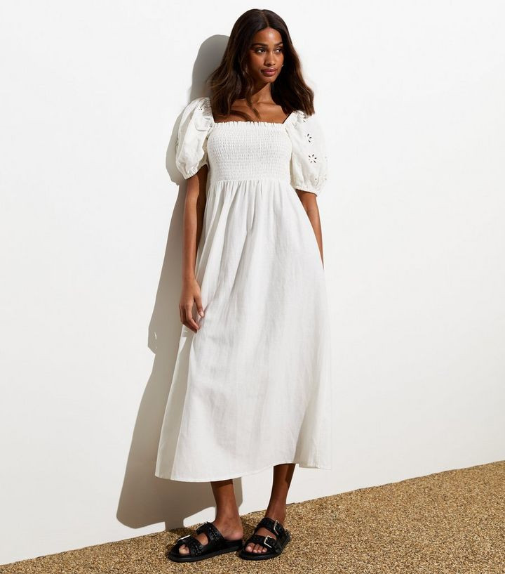 White Square Neck Broderie Puff Sleeve Midi Dress | New Look | New Look (UK)