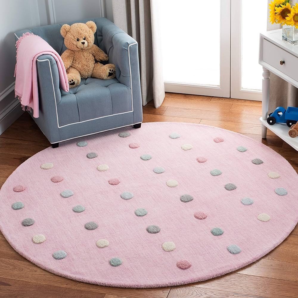 SAFAVIEH Kids Collection 5' Round Light Pink SFK803U Handmade Polka Dot Wool Area Rug | Amazon (US)