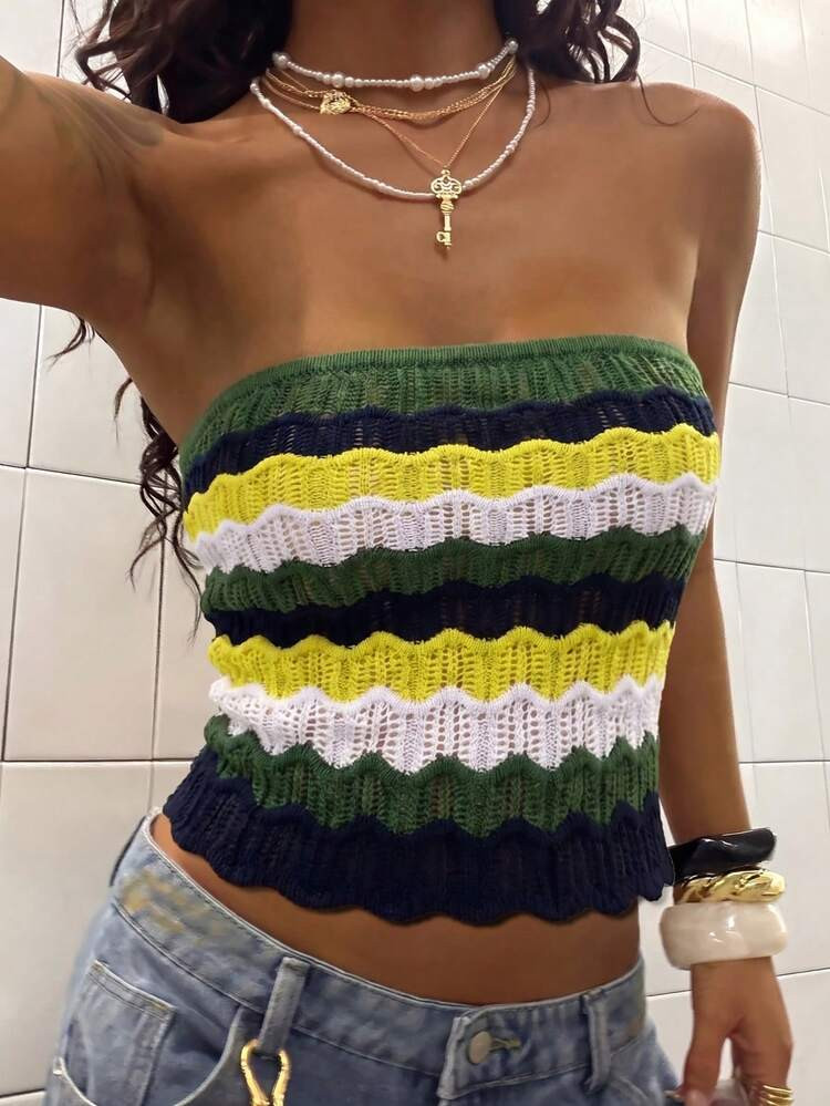 Women's Summer Green, Yellow, White, Navy Blue Contrast Wavy Pattern Hollow Out Strapless Cropped Top, Suitable For Island Vacation, Beach Photography, Summer Street Style, Cafe Leisure, Music Festival Outfit, Beauty Photography, Gathering With Friends, Daily Wear, Women's Festival Clothing, Y2K Style Top | SHEIN