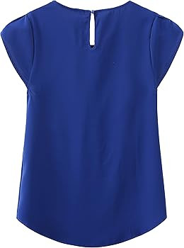 TASAMO Women's Casual Round Neck Basic Pleated Top Cap Sleeve Curved Keyhole Back Chiffon Blouse | Amazon (US)