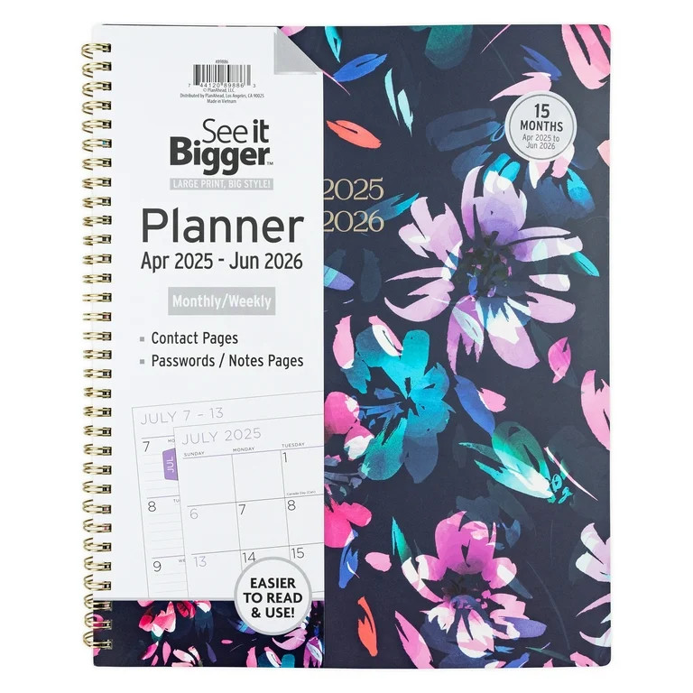 See it Bigger Monthly Weekly Planner Large (9.25″ x 11″) Blue Floral, 15 month, Apr 2025-Jun ... | Walmart (US)