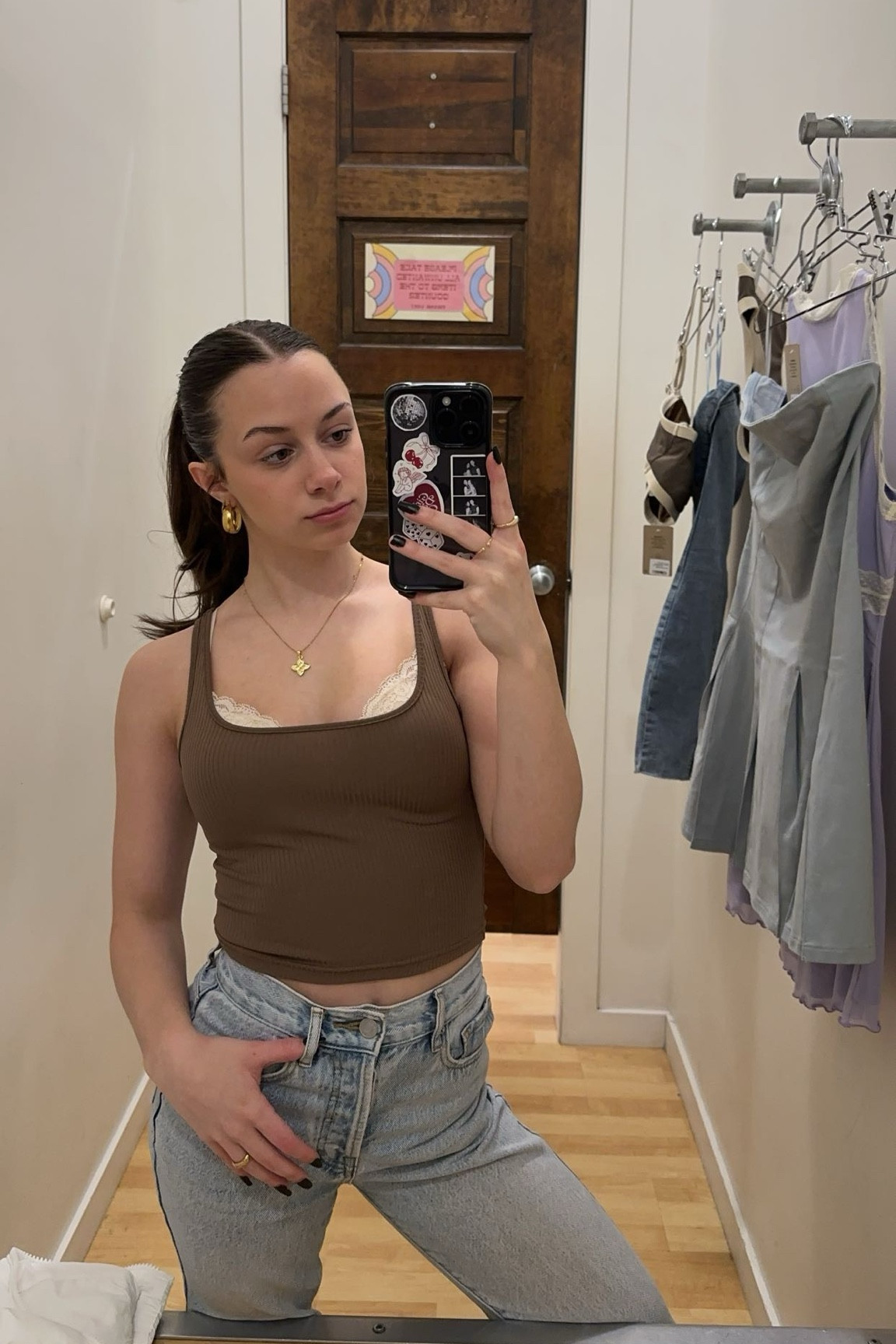 Brown tank jeans lace bra mirror picture idea 

#LTKfindsunder50 #LTKSeasonal #LTKstyletip