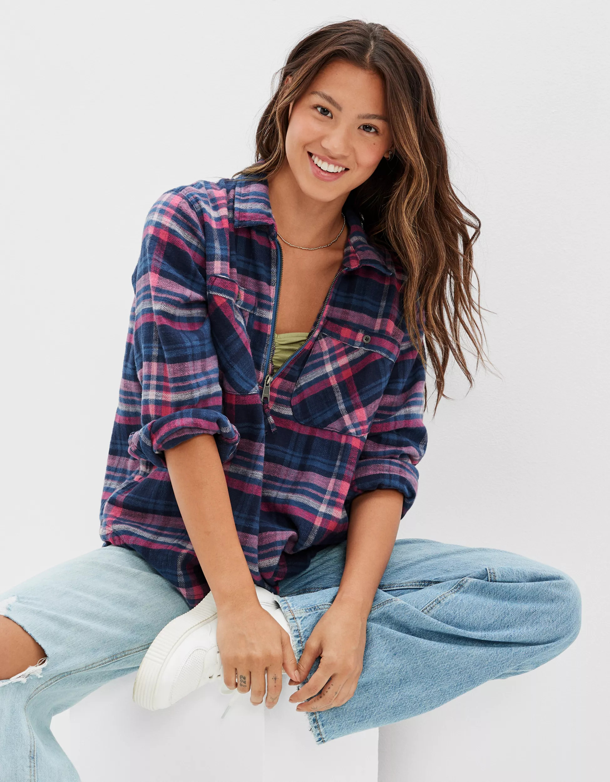 AE Oversized Quarter Zip Flannel Shirt | American Eagle Outfitters (US & CA)