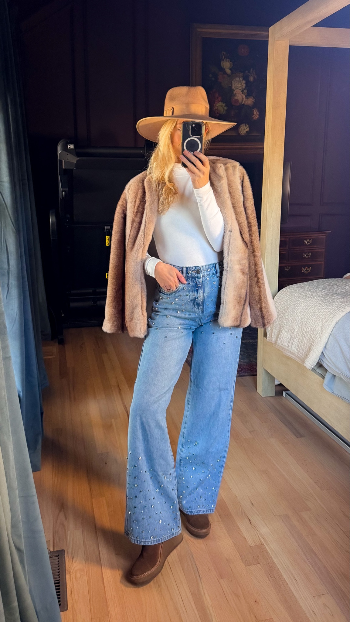 Faux fur coat winter outfit ski trip embellished denim western hat white turtleneck embellished jeans boots deer valley trip utah trip

#LTKFindsUnder50 #LTKFindsUnder100 #LTKootd