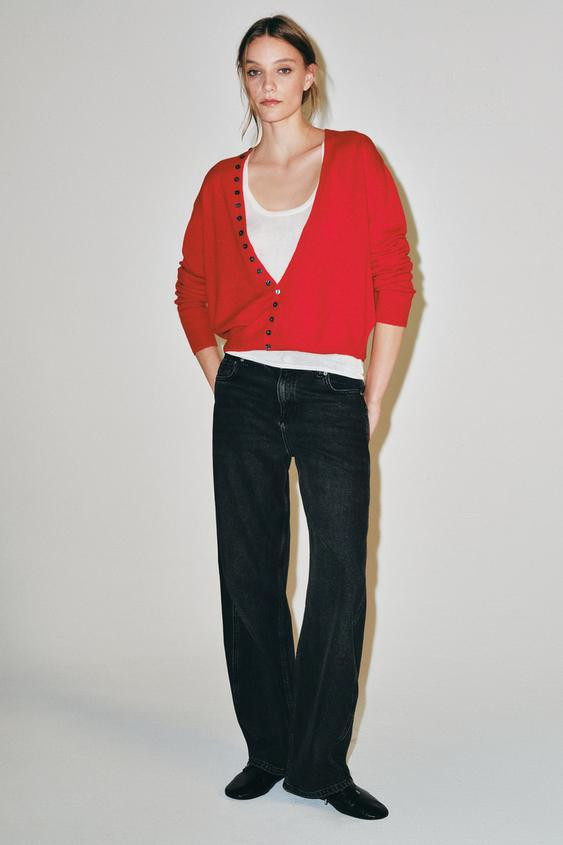 Zara - 100% Extra Soft Wool V-Neck Cardigan - Red - M - Woman | Zara UK