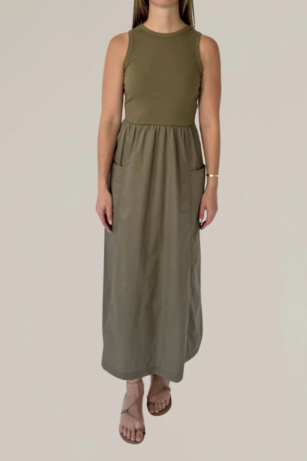 Cotton Jersey Mixed Media Maxi Dress In Dusty Olive | Shop Simon