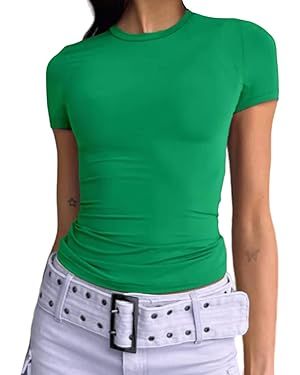 Dwnval Women Sexy Basic T Shirts Tops Summer Short Sleeve Crewneck Slim Fit Cute Crop Top Blouses | Amazon (US)