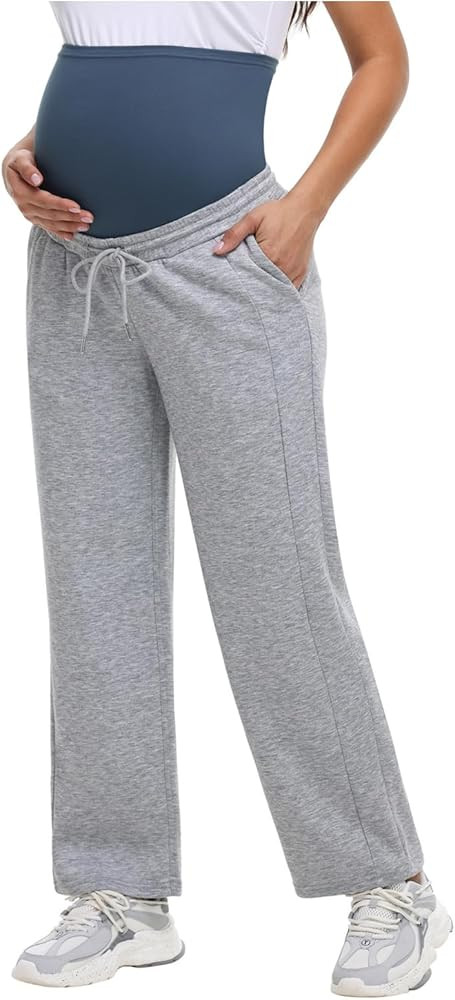 Maacie Maternity Wide Leg Sweatpants Over The Belly Pregnancy Drawstring Trousers with Pockets | Amazon (US)