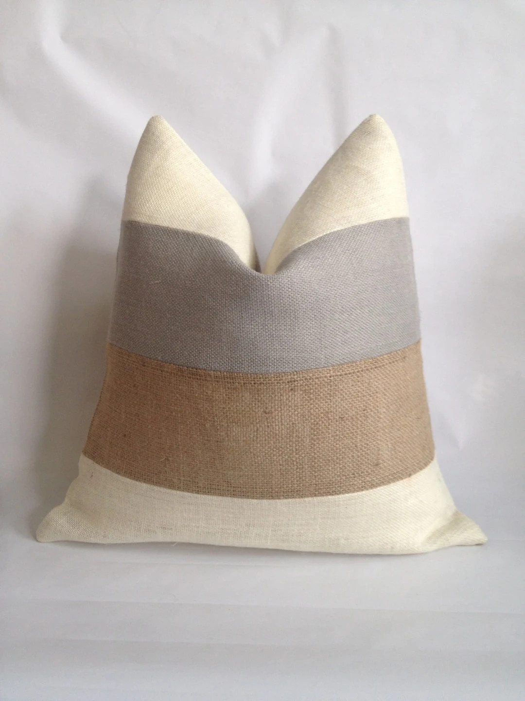 Farmhouse Cream, Light Gray And Natural  Horizontal Striped Pillow Cover | Etsy (US)