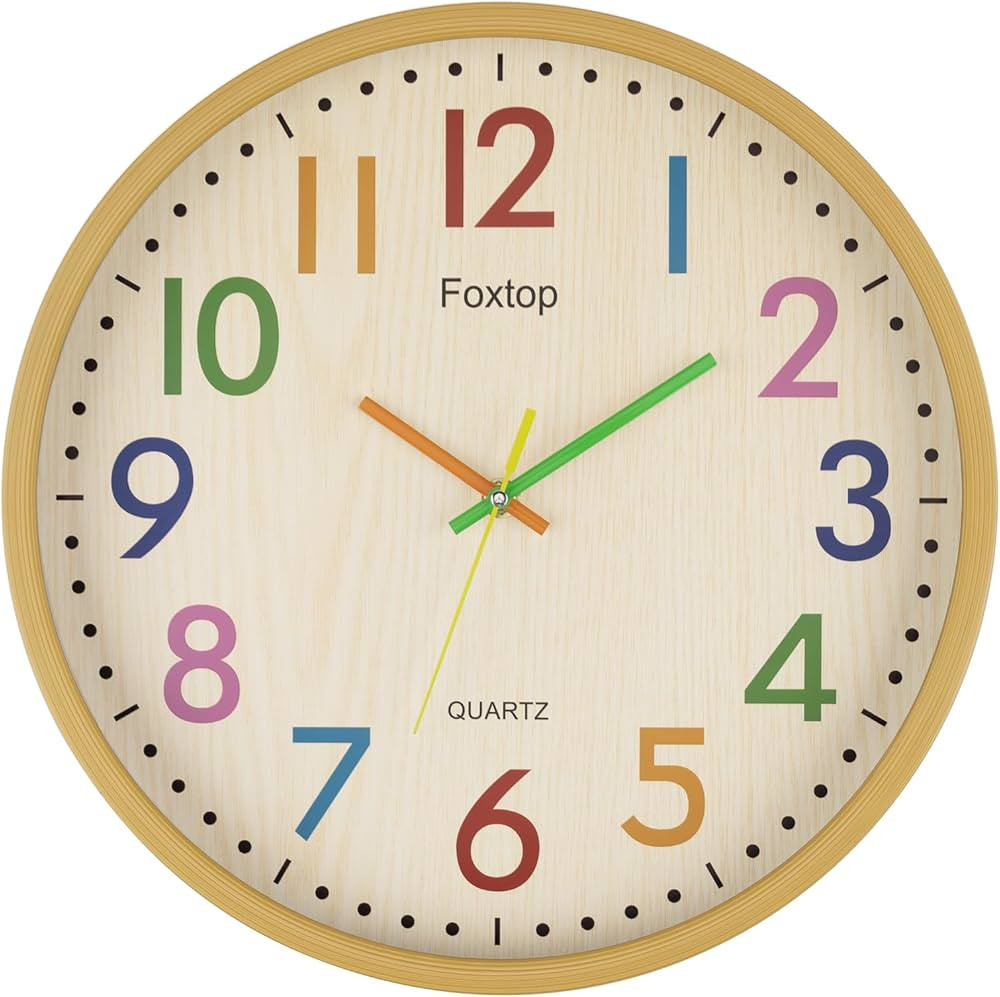 Foxtop 14 Inch Kids Wall Clock Silent Non-Ticking Battery Operated Colorful Childrens Wall Clock ... | Amazon (US)