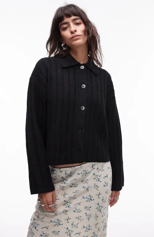 Topshop Rib Collared Cardigan in Black at Nordstrom, Size Small | Nordstrom