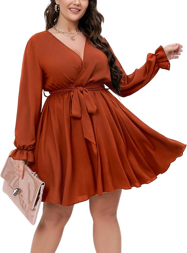 SCOMCHIC Women's Plus Size Long Sleeve Wrap V Neck Tie Waist A Line Mini Dress | Amazon (US)