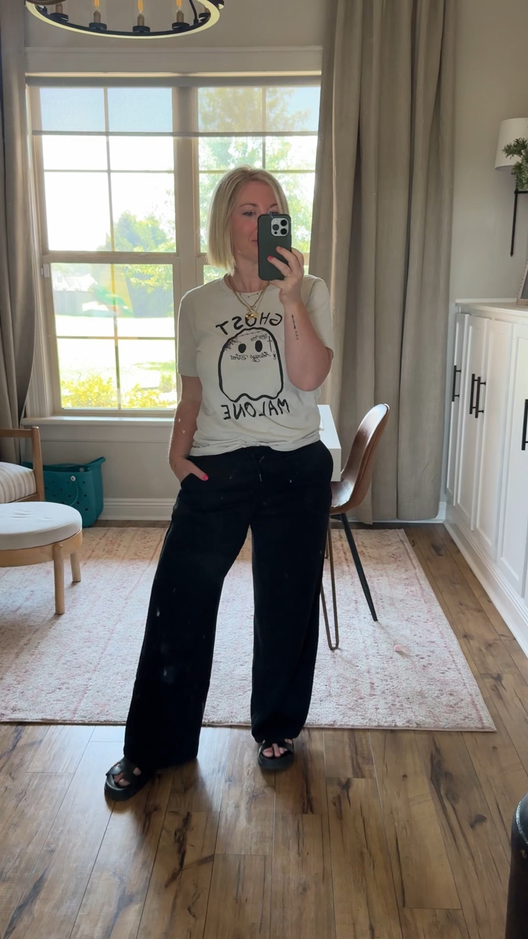 Two words: Ghost Malone 👻 Hair day always puts a little pep back into my step. Also, wide leg sweatpants have my heart. Whats even better is they are only $14 bucks. Soft, stretchy and beyond comfortable. Catch me in them and this super cute tee all fall, Halloween, winter long! 
 
155lbs at 5’3” - medium pant

#LTKSeasonal #LTKFindsUnder50 #LTKMidsize