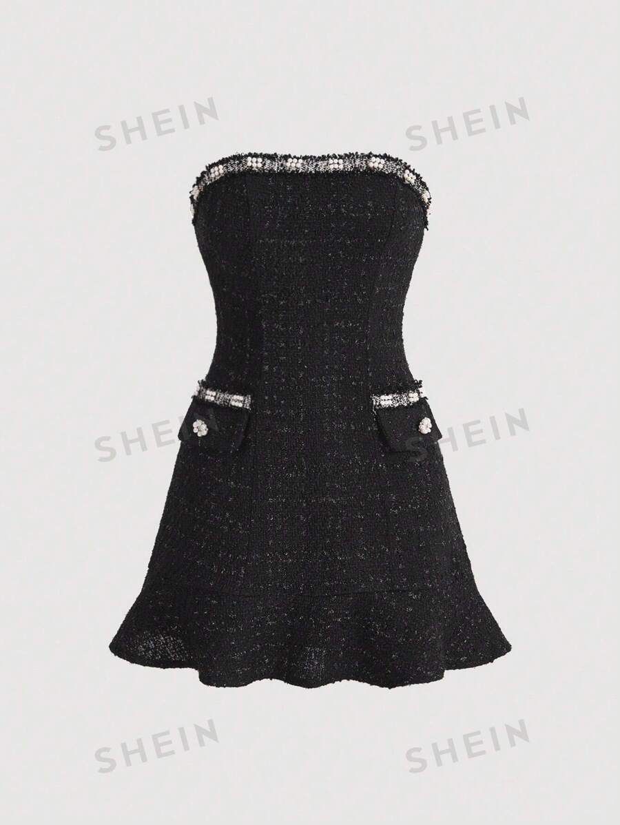 SHEIN MOD Plaid Pattern Raw Trim Tweed Tube Dress | SHEIN