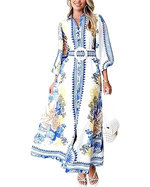 Floral Dress for Women 2026 Summer Boho Maxi Dresses Casual Long Sleeve Button Down Tie Waist Shi... | Amazon (US)