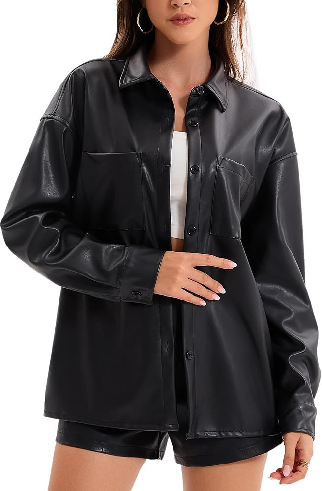 Women's Faux Leather Button-Down Shirt Jacket Lightweight Long Sleeve PU Blouse Shacket Tops | Amazon (US)