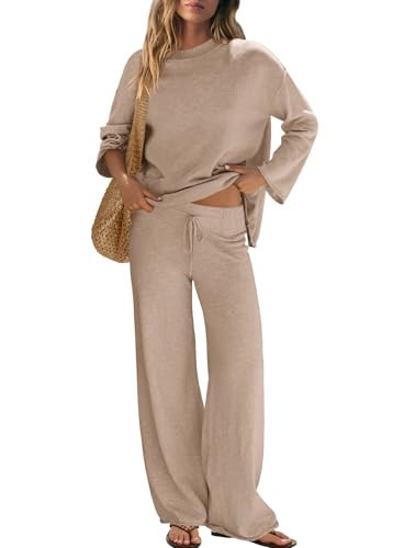 Yanekop Womens Matching Lounge Sets 2 Piece Outfits Sweater Set Lightweight Knit Loungewear Set Casual Loose Fit Outfit(Khaki,M) | Amazon (US)