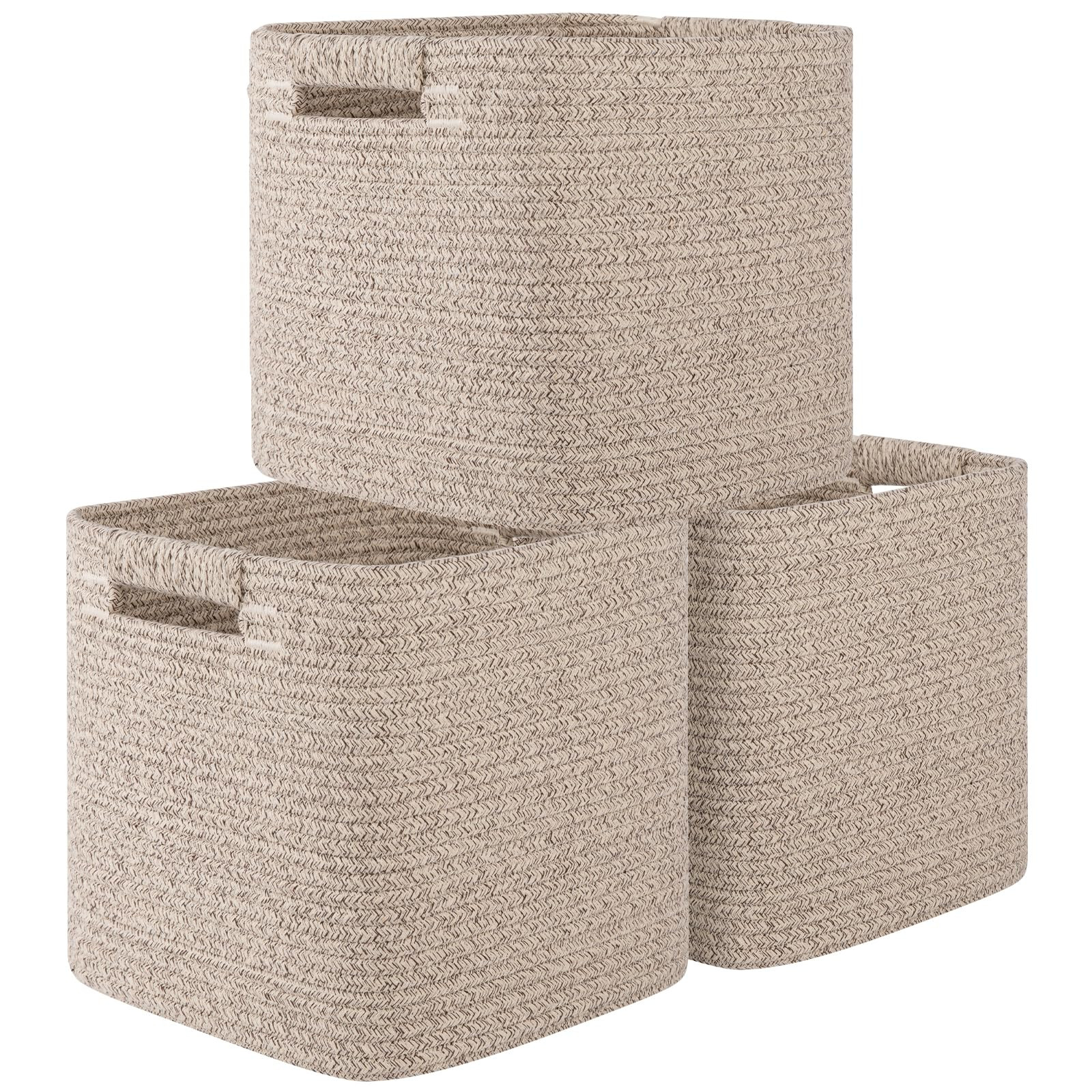 OIAHOMY Storage Cubes 11 Inch Storage Bins-3-Pack, Cotton Rope Woven Baskets for Organizing, Square Storage Baskets for Shelves Organizer, Classroom, Kids Toy Bins, Closet, Baby Nursery-Brown | Amazon (US)