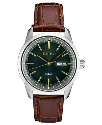 Seiko Men's Solar Essentials Brown Leather Strap Watch 40mm - Macy's | Macy's