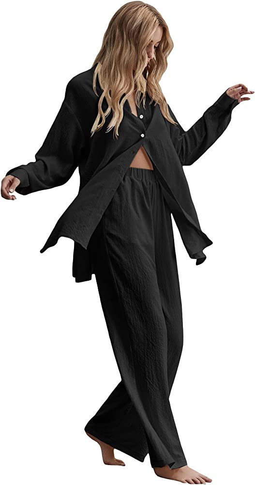 Floerns Women's 2 Piece Outfits Slit Hem Longline Blouse and Wide Leg Pants Set | Amazon (US)