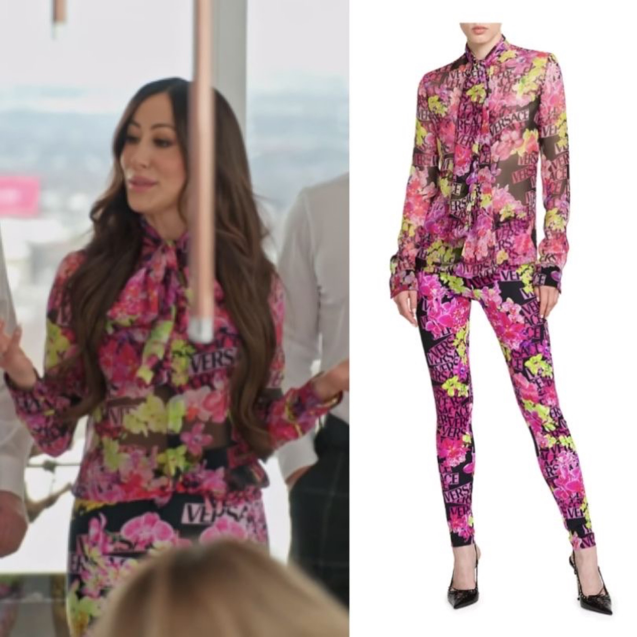 Angie Katsenevas’ Versace Floral Blouse and Leggings Set 