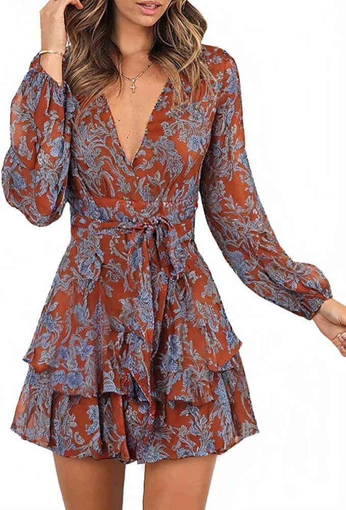 Dokotoo Womens 2024 Summer Spring V Neck Ruffle Chiffon Elegant Tie Knot Mini Short Swing Skater ... | Amazon (US)