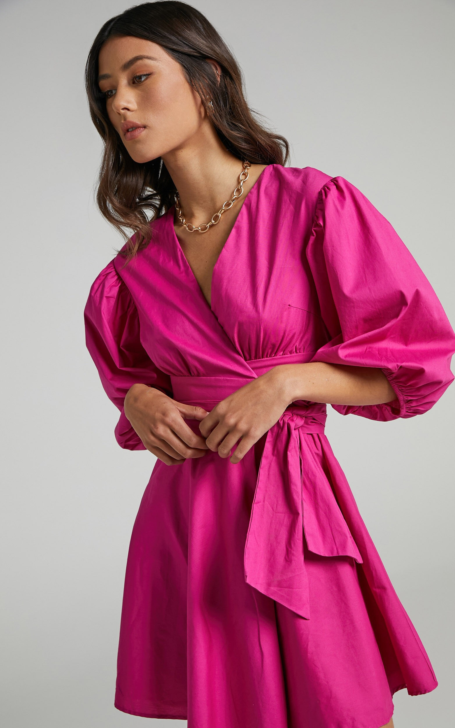 Zyla Puff Sleeve Wrap Mini Dress in Berry | Showpo | Showpo - deactived