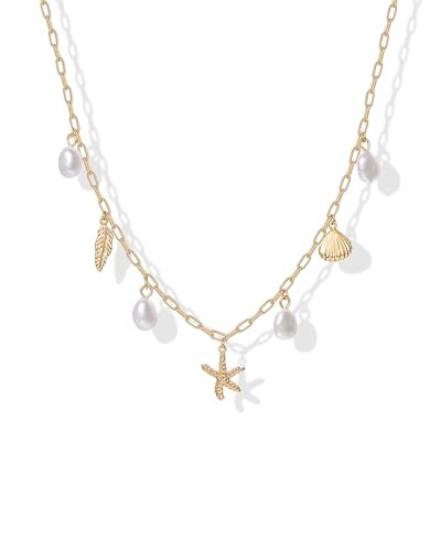 PAVOI 14K Yellow Gold Plated Beach Charm Necklace for Women - Dainty Paperclip Chain Trendy Beachy Multi Charm Necklace - Gold Ocean Summer Jewelry with Freshwater Pearl, Sea Shell, Starfish | Amazon (US)