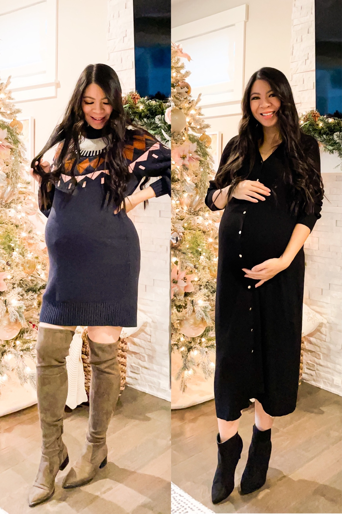 Fair isle sweater dress with over the knee boots and button midi sweater dress with black booties from Walmart! Size up to make them bump friendly 

#LTKHoliday #LTKstyletip #LTKbump