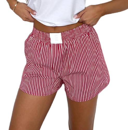 Y2k Striped Boxer Shorts for Women Pinstripe Pajamas Shorts Wide Leg Pj Sleep Shorts Low Rise Lounge Shorts (Red Stripe, S) | Amazon (US)