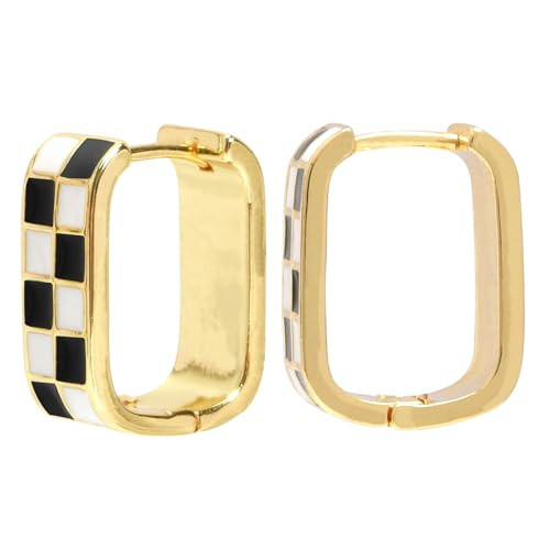 Dainty Checkered Oval Hoop Earrings, 18K Gold Filled Enamel, Hypoallergenic Chunky Earrings for Women (Black) | Amazon (US)