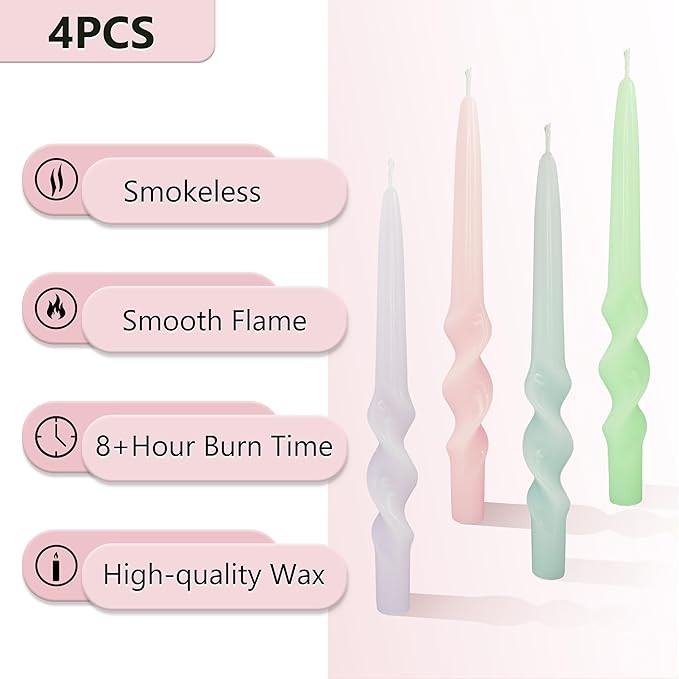 Twisted Candlestick Spiral Taper Candles Smokeless Candle Stick Unscented Wax Candles Candy Color... | Amazon (US)