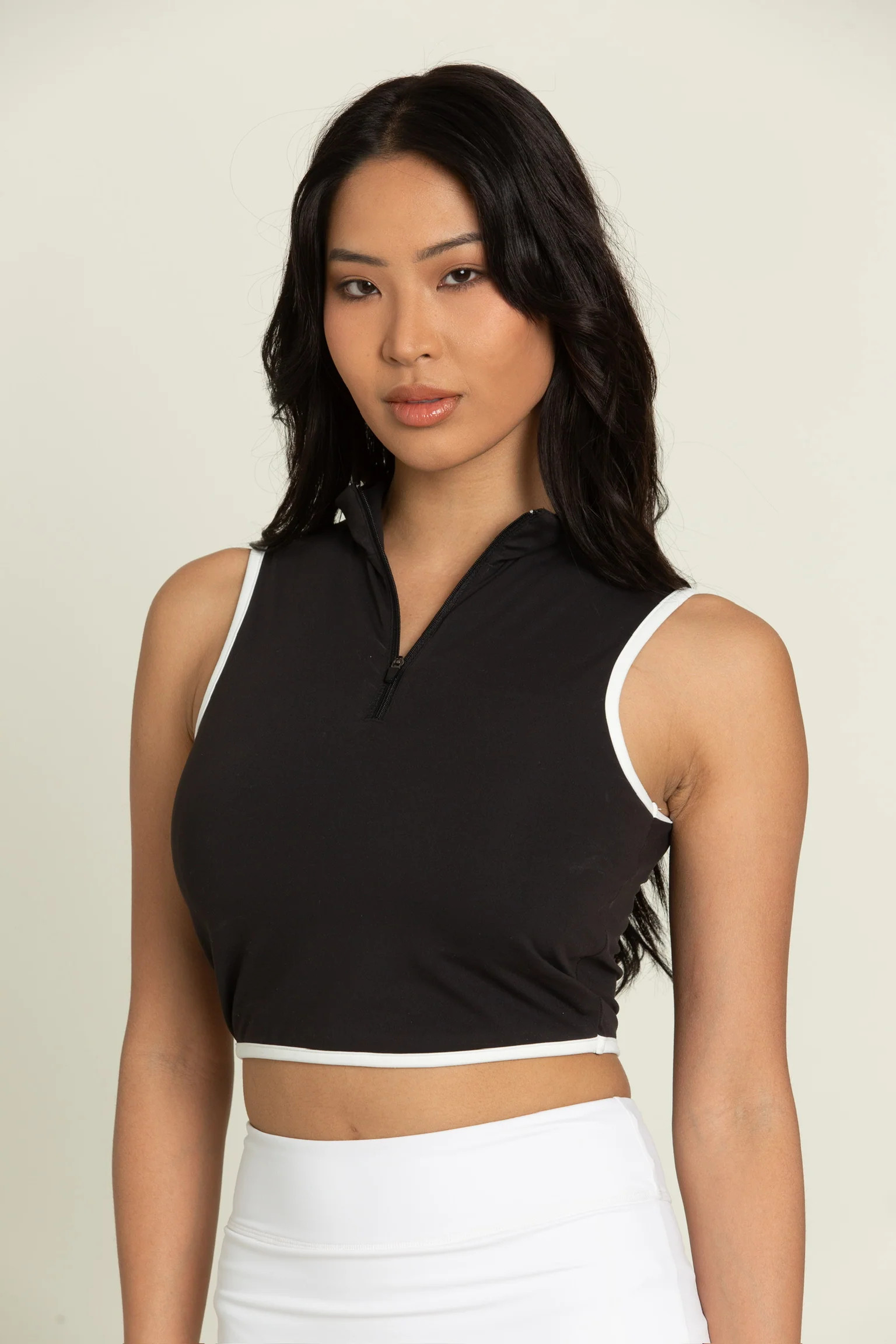 Black White Lined Half-Zip Crop Top | Gold Hinge