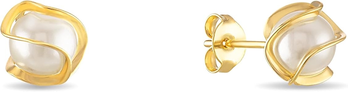 Barzel 18K Gold Plated Caged Pearl Stud Earrings, 6MM - Made In Brazil | Amazon (US)