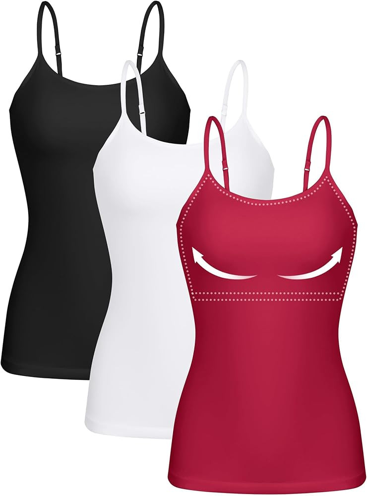 ATTRACO Women 3 Pack Cotton Camisoles with Shelf Bra Adjustable Spaghetti Strap Tank Tops | Amazon (US)