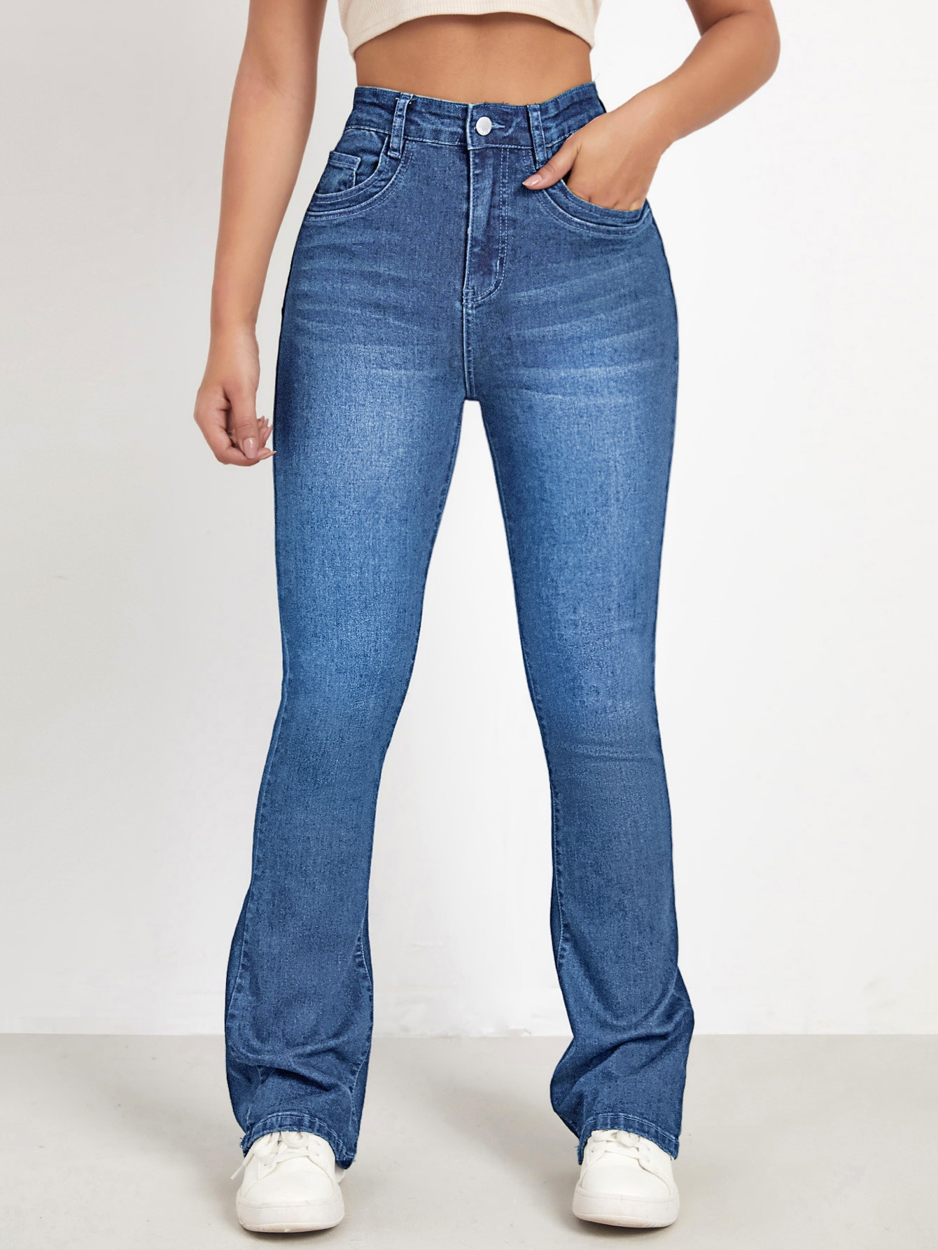 SHEIN EZwear High Waist Bleach Wash Flare Leg Jeans | SHEIN