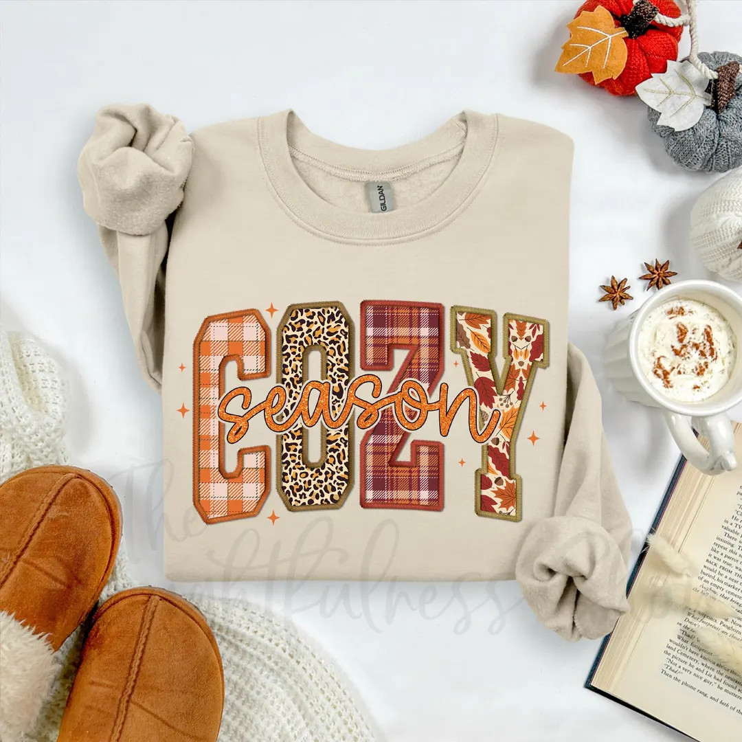Cozy Season Sweatshirt, Fall Crewneck, Sweater Weather Tee, Faux Embroidery, Women’s Autumn Gra... | Etsy (US)