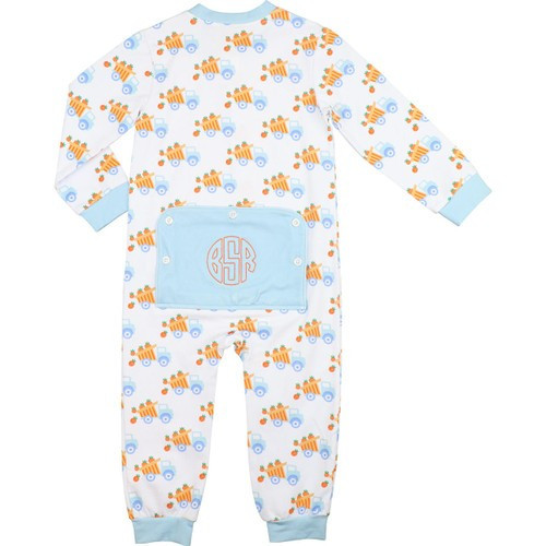 Blue And Orange Knit Pumpkin Dump Truck Zipper Pajamas | Cecil and Lou
