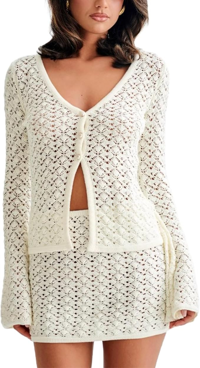 VOIKERDR White Cover Up Crochet Sets Two Piece Women Skirt Set Summer Beach Coverup | Amazon (US)