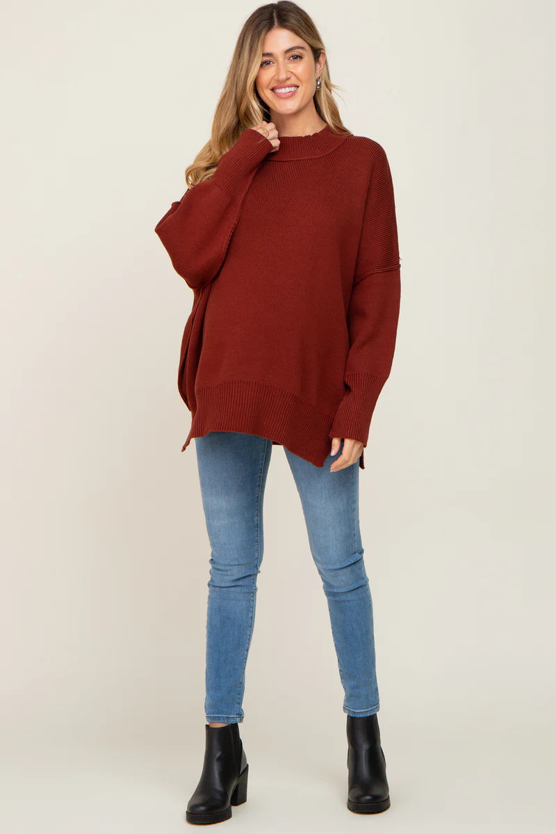 Rust Mock Neck Exposed Seam Maternity Sweater | PinkBlush Maternity