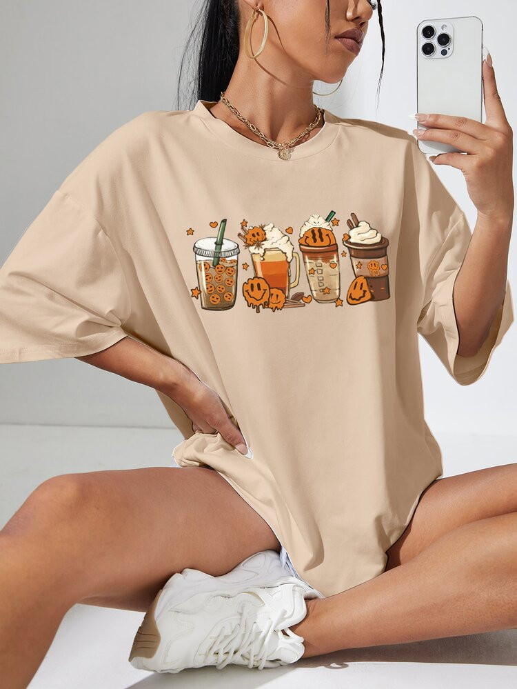 Coffee & Cartoon Graphic Drop Shoulder Tee | SHEIN